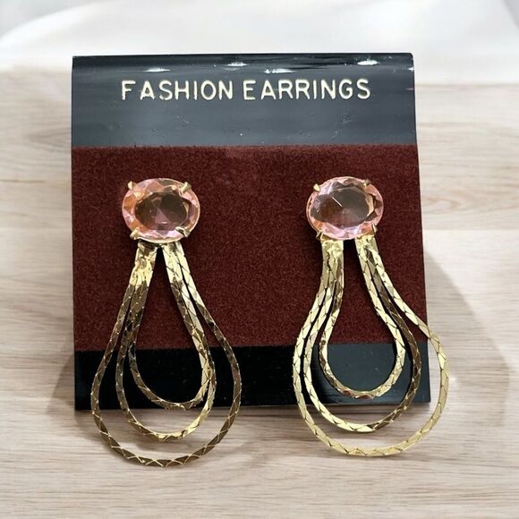 NWT Fashion Earrings Drop Dangle Earrings - Pink Gold - Elegant Bold Jeweled - Picture 1 of 5